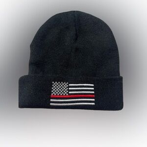 Black Knit Beanie Hat with Embroidered Flag
